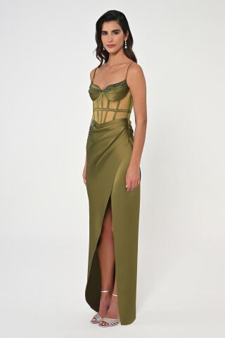 İp Askılı Korse Bel Önden Yırtmaçlı Saten Uzun Elbise Nefti - 42