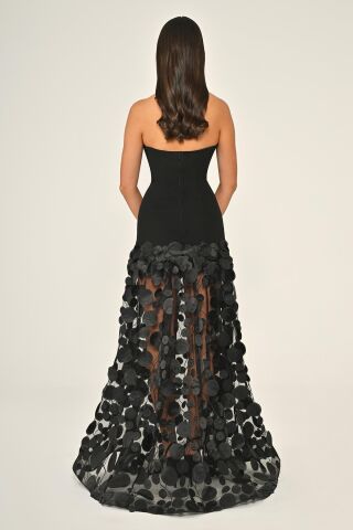 Straplez Üst Krep Eteği 3 Boyutlu Tül Uzun Elbise SİYAH / SİYAH - 42