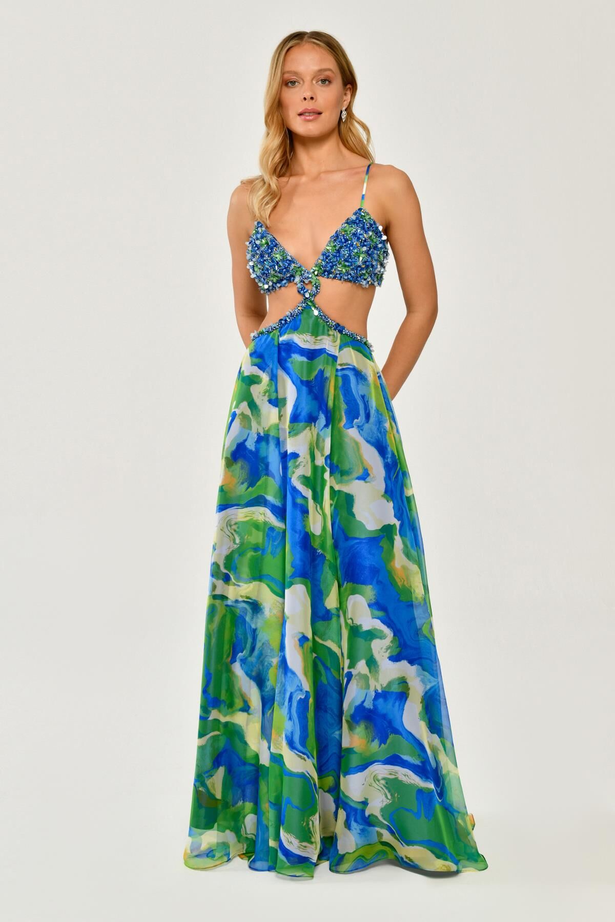 İp Askılı Beli Dekolteli Uzun Şifon Elbise MAVİ / SARI - 36