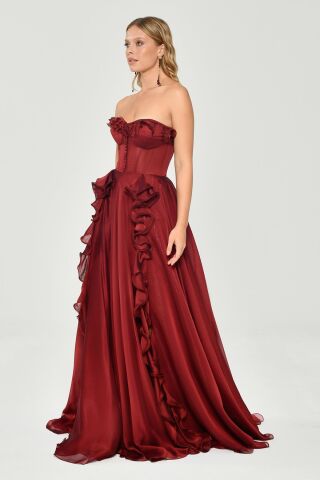 Straplez Fırfırlı Çift Yırtmaçlı Şifon Uzun Elbise ŞARAP - 38