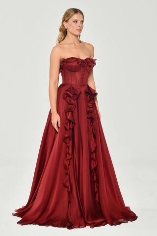 Straplez Fırfırlı Çift Yırtmaçlı Şifon Uzun Elbise ŞARAP - 38