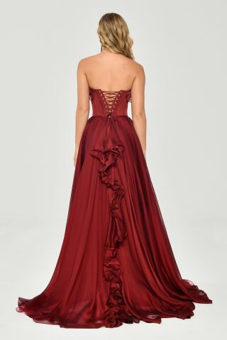 Straplez Fırfırlı Çift Yırtmaçlı Şifon Uzun Elbise ŞARAP - 38