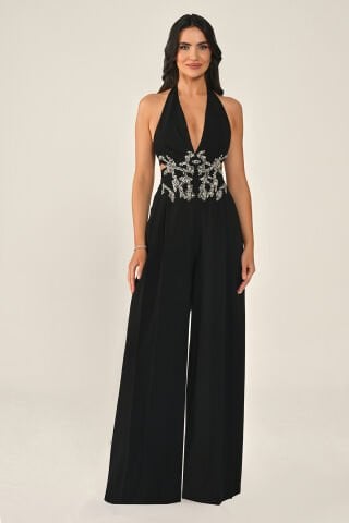 Derin V Yaka Beli Taşlı Uzun Tulum