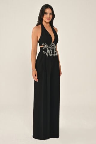 Derin V Yaka Beli Taşlı Uzun Tulum