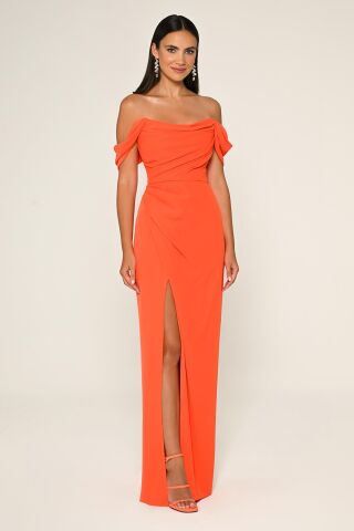 Düşük Omuz Yandan Yırtmaçlı Uzun Elbise ORANGE - 38