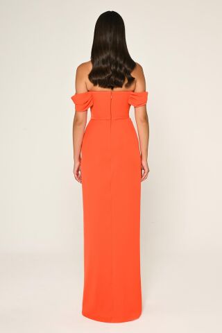 Düşük Omuz Yandan Yırtmaçlı Uzun Elbise ORANGE - 38