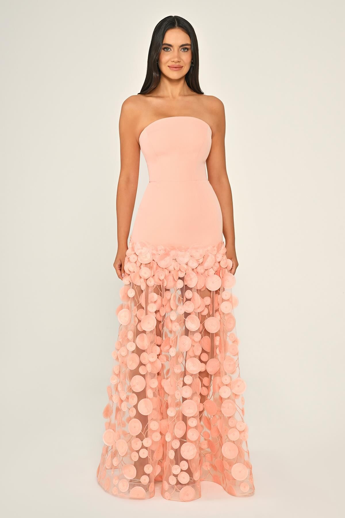 Straplez Üst Krep Eteği 3 Boyutlu Tül Uzun Elbise SOMON - 42