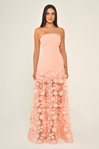 Straplez Üst Krep Eteği 3 Boyutlu Tül Uzun Elbise SOMON - 42