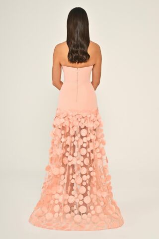 Straplez Üst Krep Eteği 3 Boyutlu Tül Uzun Elbise SOMON - 42