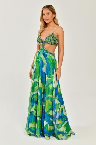 İp Askılı Beli Dekolteli Uzun Şifon Elbise YEŞİL / SARI - 36