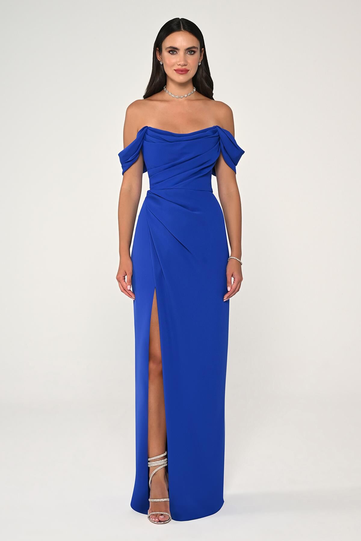 Düşük Omuz Yandan Yırtmaçlı Uzun Elbise SAKS - 36