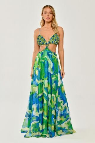 İp Askılı Beli Dekolteli Uzun Şifon Elbise YEŞİL / SARI - 40