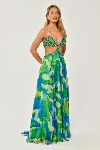 İp Askılı Beli Dekolteli Uzun Şifon Elbise YEŞİL / SARI - 40