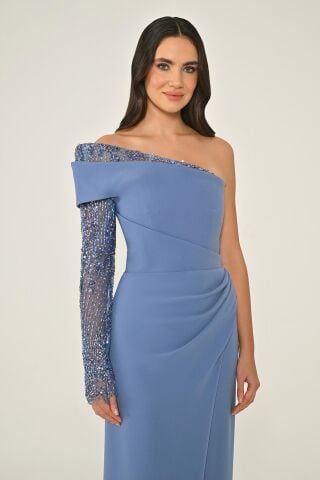 Boncuklu Tek Kollu Önden Yırtmaçlı Krep Uzun Elbise İNDİGO - 40