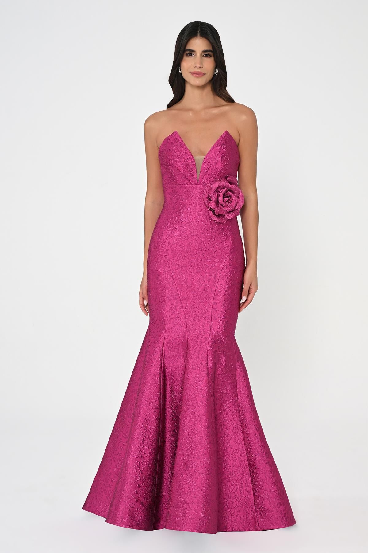 Straplez Balık Kesim Jakar Kumaş Uzun Elbise Fuşya - 36