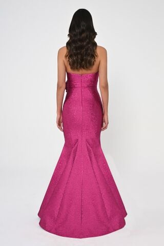 Straplez Balık Kesim Jakar Kumaş Uzun Elbise Fuşya - 36