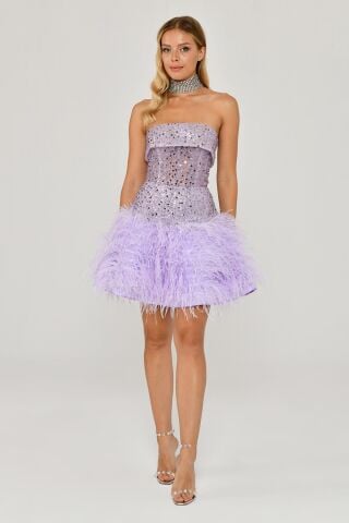 Straplez Eteği Tüylü Payet Kısa Elbise
