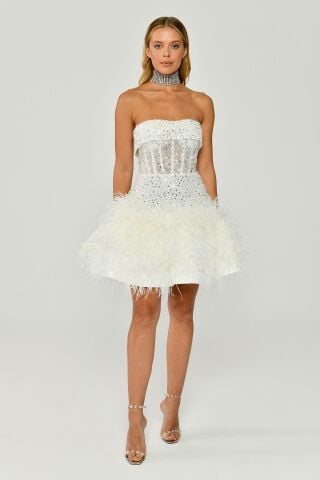 Straplez Eteği Tüylü Payet Kısa Elbise