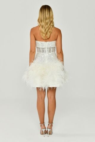 Straplez Eteği Tüylü Payet Kısa Elbise Beyaz - 38