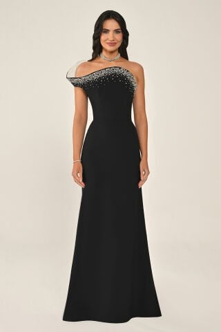 Üst Asimetrik Kesim Taşlı Krep Uzun Elbise