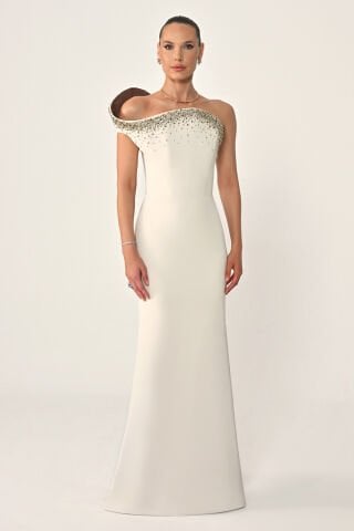 Üst Asimetrik Kesim Taşlı Krep Uzun Elbise