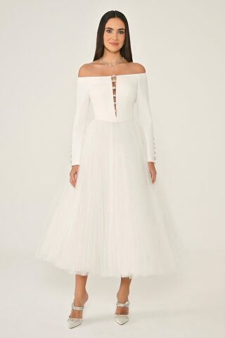 Açık Omuz Kollu Eteği Tül Midi Elbise