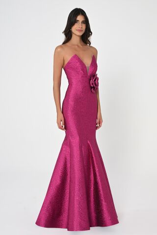 Straplez Balık Kesim Jakar Kumaş Uzun Elbise Fuşya - 42