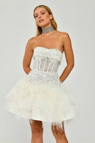 Straplez Eteği Tüylü Payet Kısa Elbise Beyaz - 42