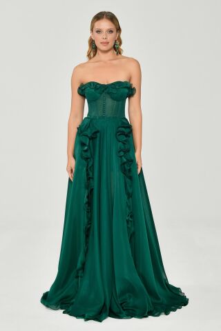 Straplez Fırfırlı Çift Yırtmaçlı Şifon Uzun Elbise ZÜMRÜT - 36