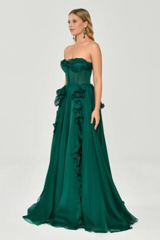 Straplez Fırfırlı Çift Yırtmaçlı Şifon Uzun Elbise ZÜMRÜT - 36