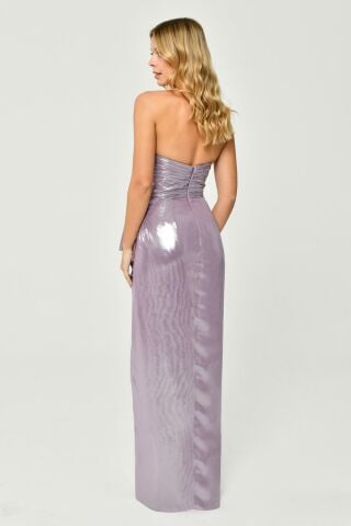 Strapless Top Pleated Front Slit Shiny Chiffon Long Dress