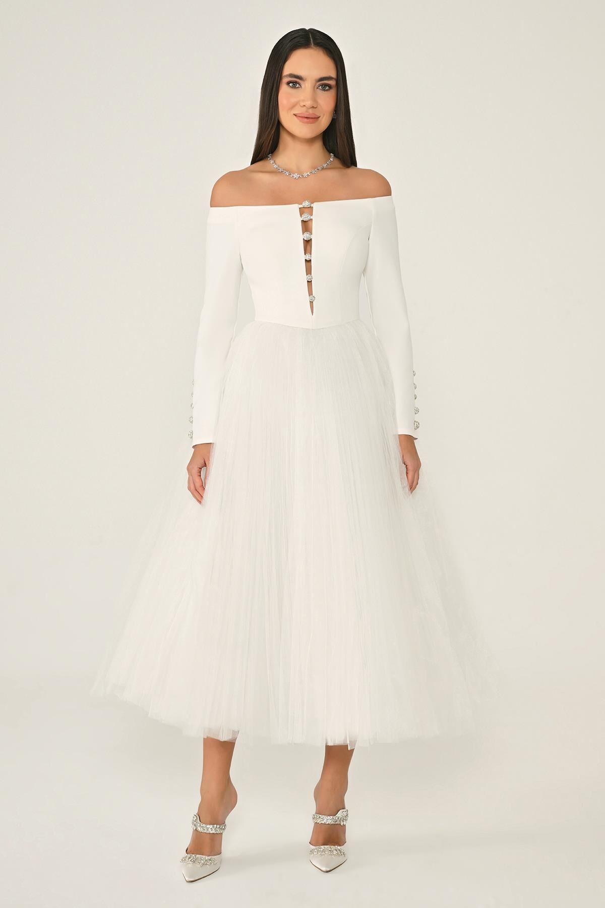 Açık Omuz Kollu Eteği Tül Midi Elbise Beyaz - 36