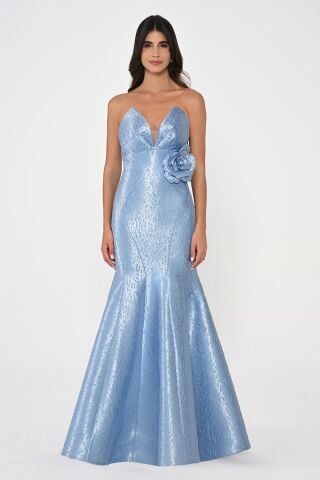 Straplez Balık Kesim Jakar Kumaş Uzun Elbise MAVİ - 36