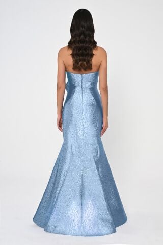 Straplez Balık Kesim Jakar Kumaş Uzun Elbise MAVİ - 36