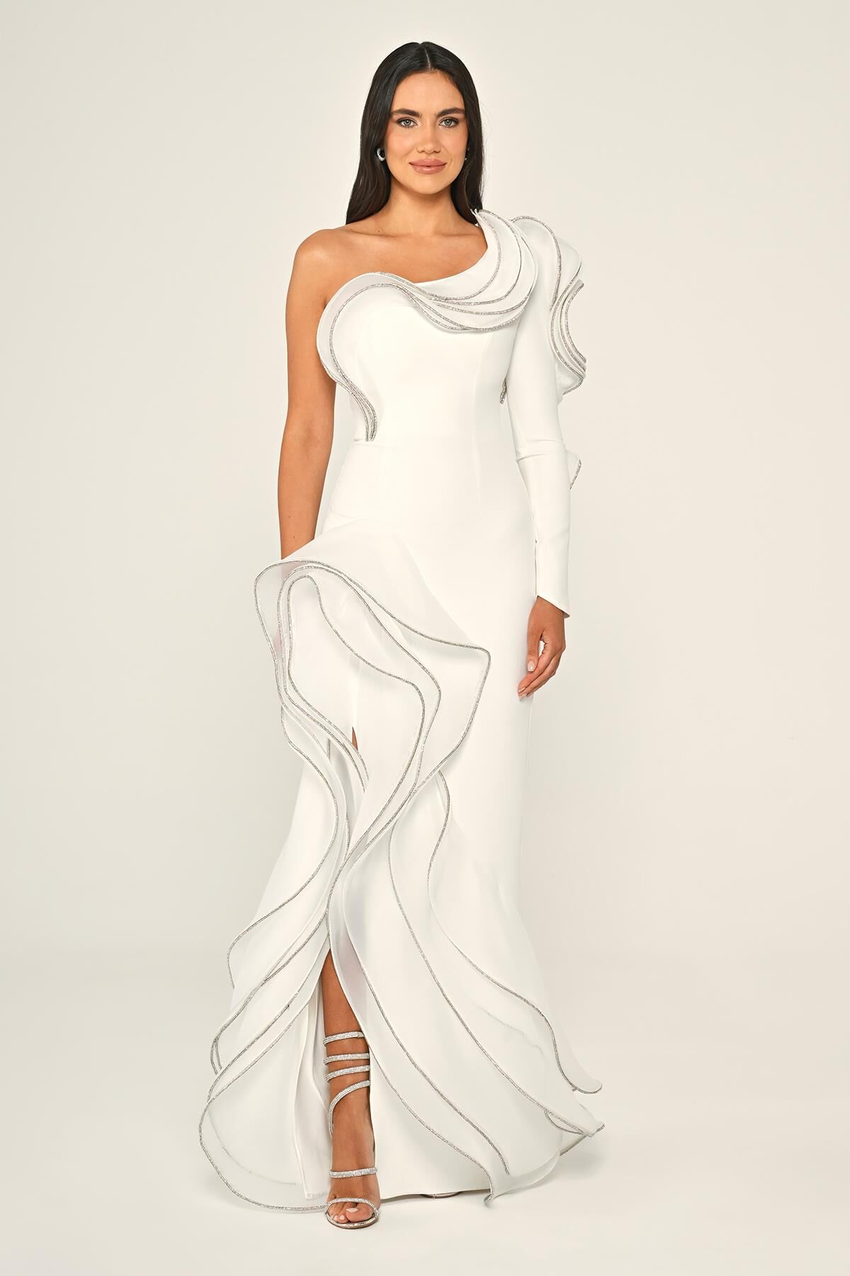 Tek Kol Volanlı Yırtmaçlı Krep Uzun Elbise Beyaz - 42