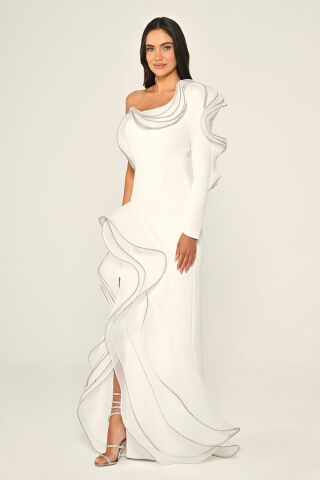 Tek Kol Volanlı Yırtmaçlı Krep Uzun Elbise Beyaz - 42
