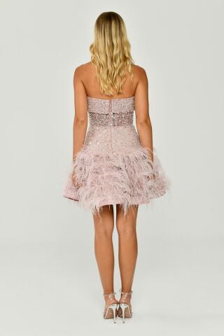 Straplez Eteği Tüylü Payet Kısa Elbise Pembe - 40