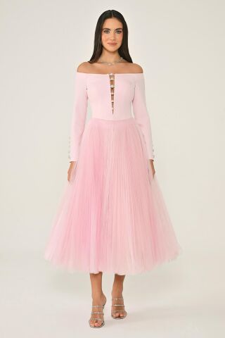 Açık Omuz Kollu Eteği Tül Midi Elbise Pembe - 36
