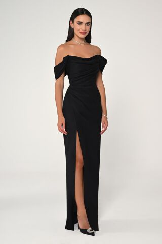 Schulterfreies, langes Crêpe-Kleid mit Seitenschlitz, Schwarz - 42