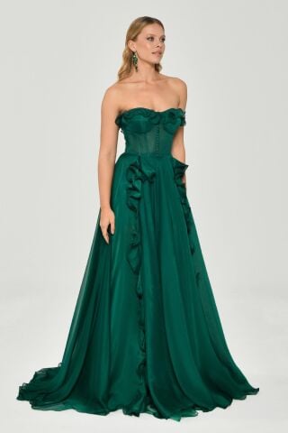 Straplez Fırfırlı Çift Yırtmaçlı Şifon Uzun Elbise ZÜMRÜT - 42