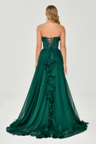 Straplez Fırfırlı Çift Yırtmaçlı Şifon Uzun Elbise ZÜMRÜT - 42