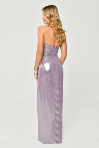 Trägerloses Plissee-Top mit Schlitz vorne, glänzendes Chiffon-Langes Kleid, Flieder - 40