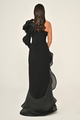 Tek Kol Volanlı Yırtmaçlı Krep Uzun Elbise Siyah - 36