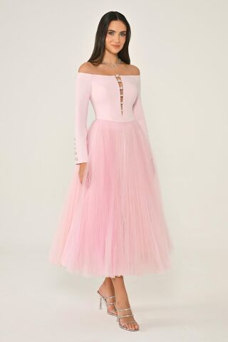 Açık Omuz Kollu Eteği Tül Midi Elbise Pembe - 44
