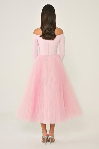 Açık Omuz Kollu Eteği Tül Midi Elbise Pembe - 44