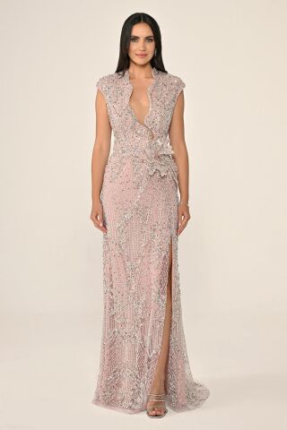 Dekolteli Beli Çiçek Aksesuarlı Payet Uzun Elbise KOYU PUDRA - 38