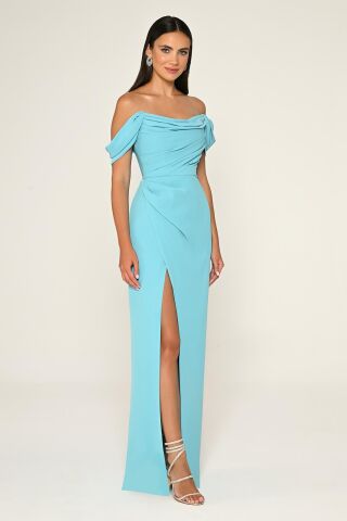 Schulterfreies, langes Crêpe-Kleid mit Seitenschlitzen, TÜRKIS - 36