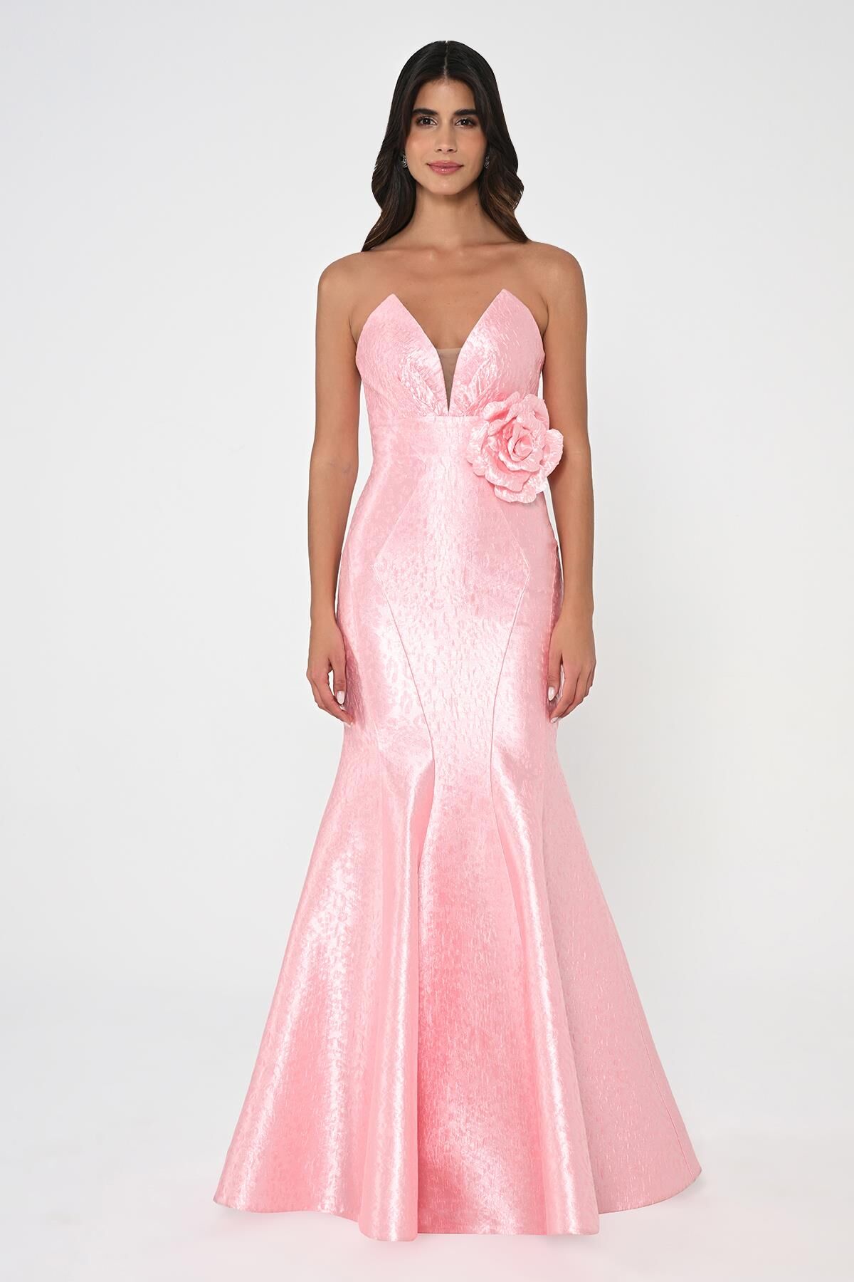 Straplez Balık Kesim Jakar Kumaş Uzun Elbise Pembe - 40