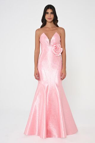 Straplez Balık Kesim Jakar Kumaş Uzun Elbise Pembe - 40