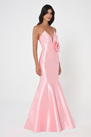 Straplez Balık Kesim Jakar Kumaş Uzun Elbise Pembe - 40